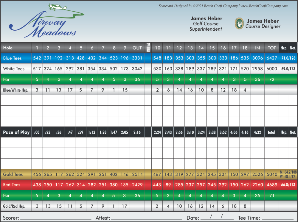 Airway Meadows Golf Club Score Card